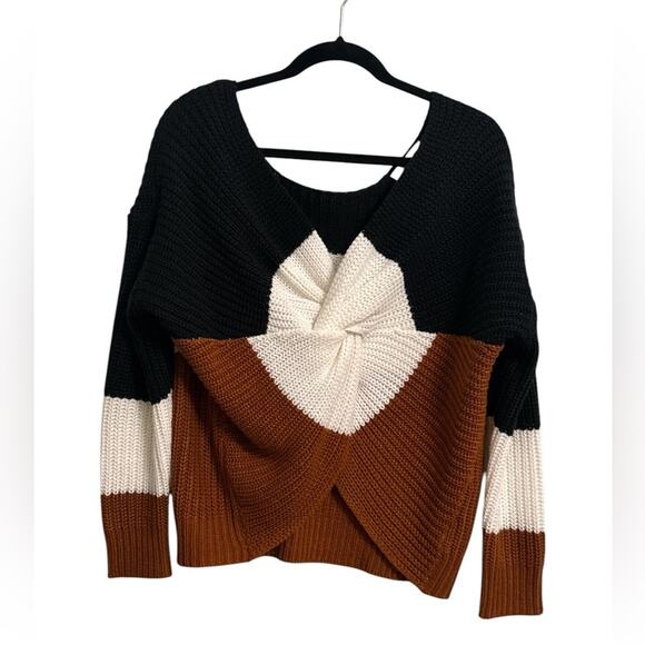 Full Circle Trends Sweaters - Full Circle Trends color block x-twist sweater in brown black and cream
